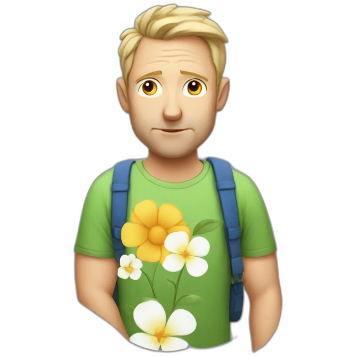 an exhausted fourty year old white man with big ears and a flower tshirt emoji