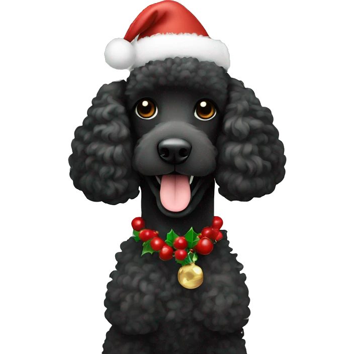 Black poodle with Christmas hat and holly emoji