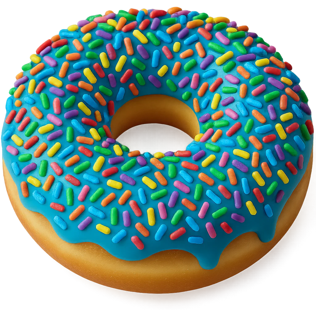 Add colorful rainbow sprinkles to the blue glazed donut, keep it realistic with soft lighting, transparent background. Maintain a photorealistic style with soft lighting and natural textures. emoji