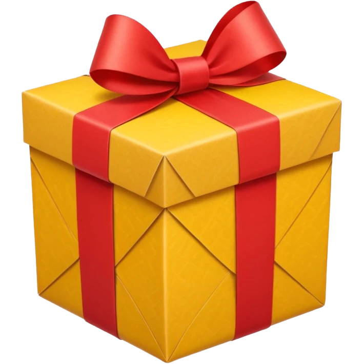 box with yellow wrapping paper and a length of red ribbon surrounding it on the bottom of the ground so you can see most of the box's cardboard emoji
