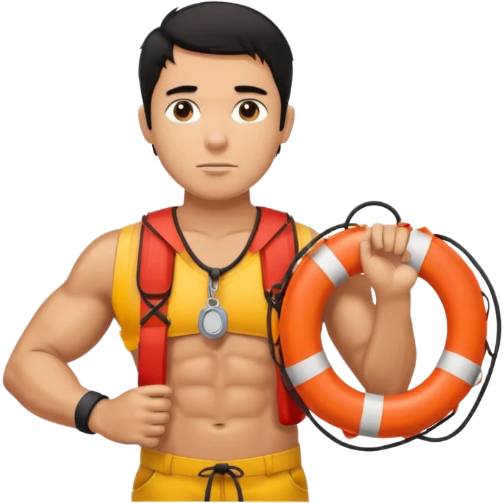 Dark Tan Muscular lifeguard no shirt with messy black hair with whistle and life preserver emoji