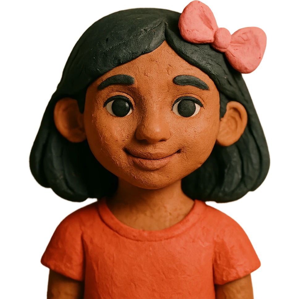 aesthetic portrait of a Sri Lankan girl with dark-ish but light skin, black hair, dark brown eyes, button nose, cute pink bow emoji