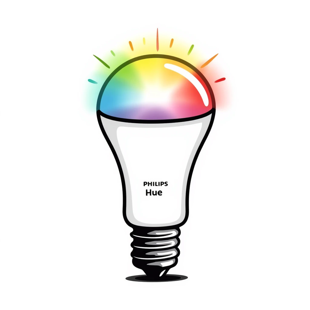 A hand-drawn Philips Hue smart bulb with app control and rainbow colors emoji