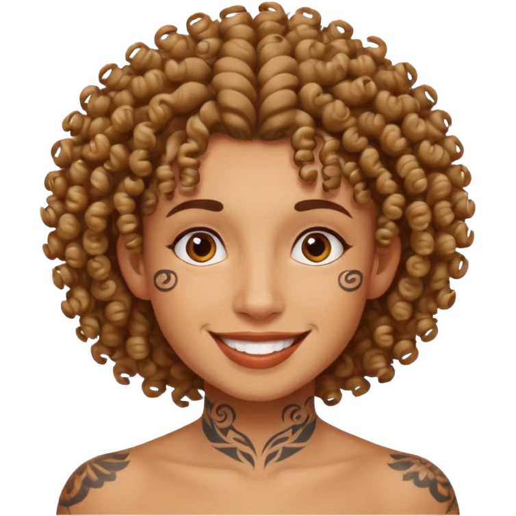 curly haired and face tattoed person with a unique face emoji