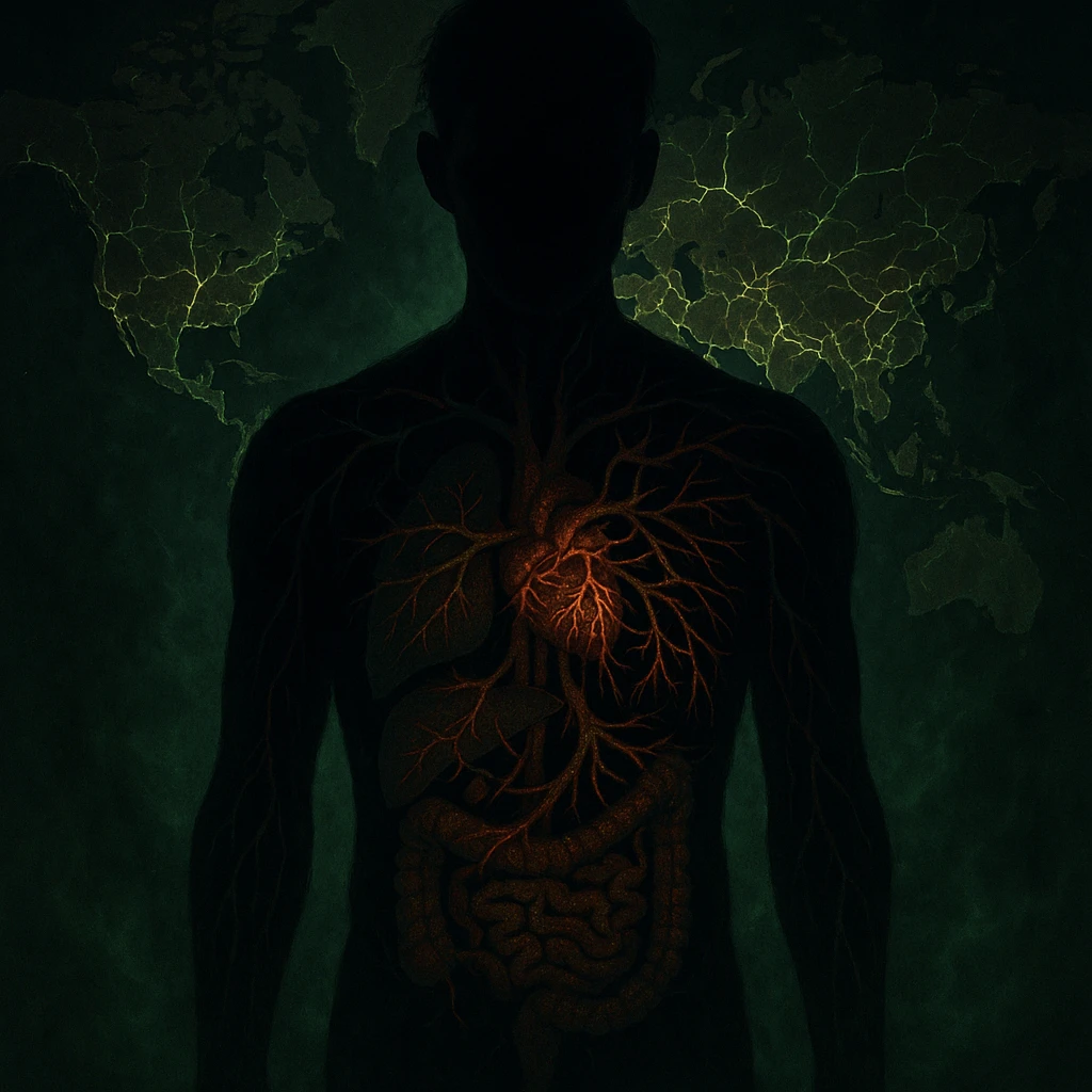 semi-realistic, moody human silhouette, parasite tendrils spread from a few organs to many, showing progression of infection, organs increasingly compromised, world map, glowing cracks, green mist emoji