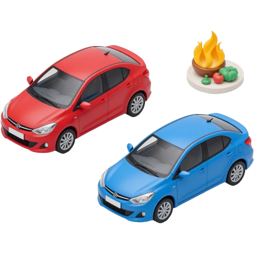 red and blue car being compared with some kind of comparison element/graphic emoji