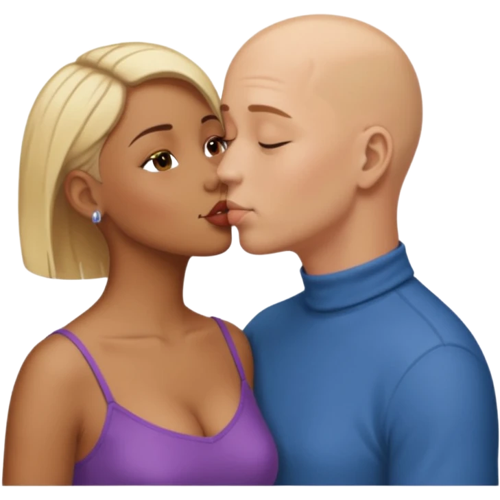 Bald man kissing brown  girl with short  blond hair emoji