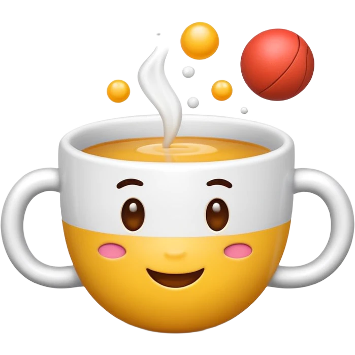 Cute 3D cartoon emoji style sticker of a cup and ball game, glossy plastic texture, soft lighting, smooth shadows, playful expression, high detail, white outline sticker, transparent background” emoji