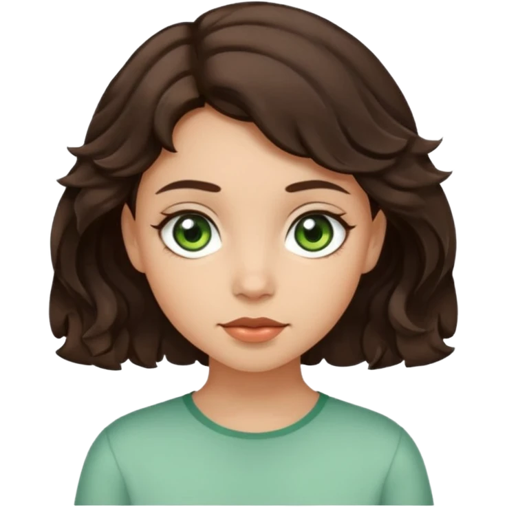 A girl with light skin, short dark brown wavy hair and brown with a little green eyes emoji