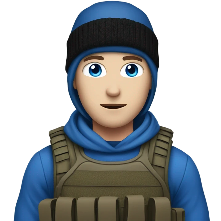 male, pale skin, face mask, camo tactical gear, combat boots, black beanie, blue eyes emoji