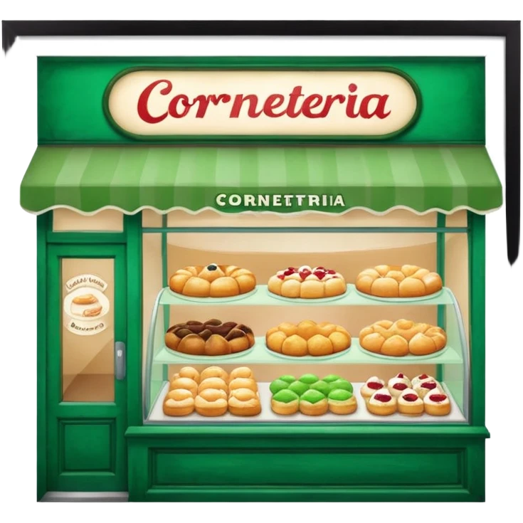 The image shows the front window of a bakery named "Cornetteria". The window is framed by a green wooden frame and has a sign above it that reads "CORNETTERIA".  emoji