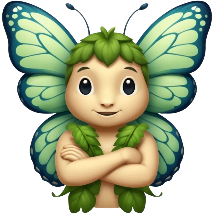 forest spirit character arms crossed confident smirk butterflies around emoji
