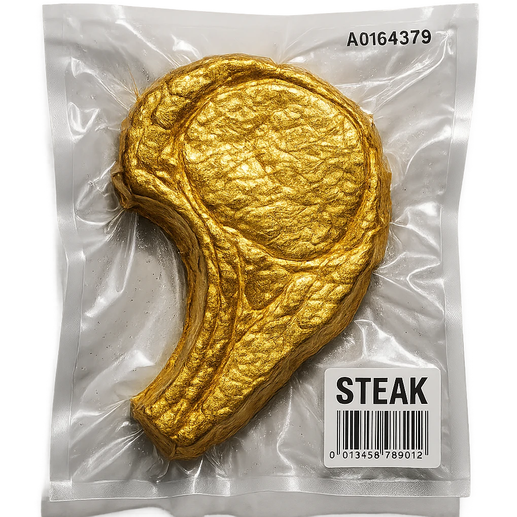 steak covered in edible gold, shiny and inflated, vacuum-sealed style emoji
