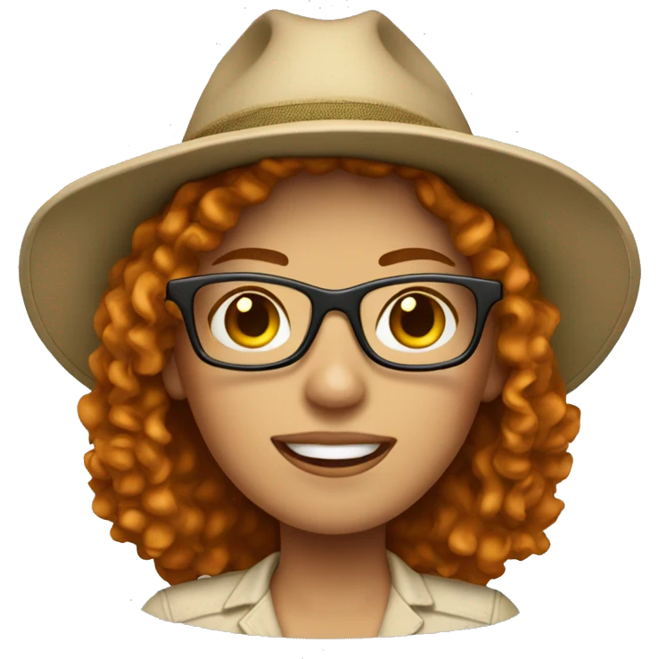 white woman with short curly ginger hair and glasses in safari hat emoji