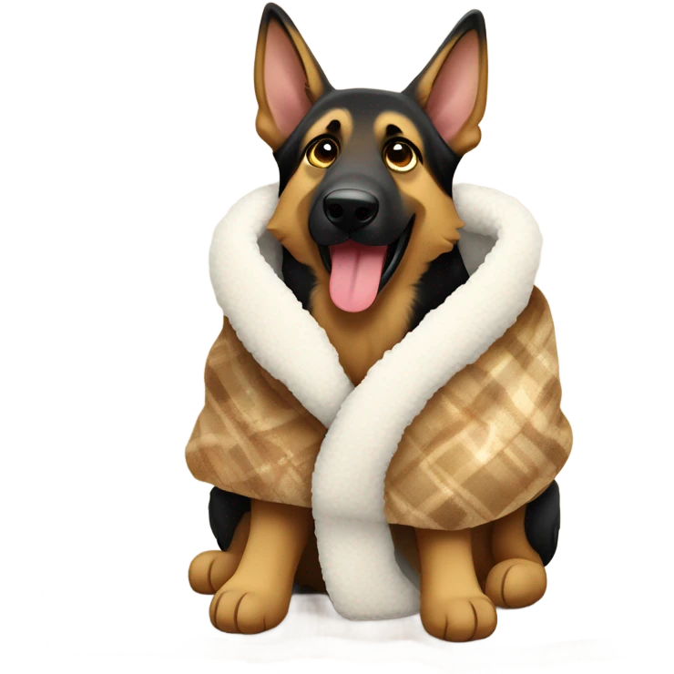 German shepherd wearing a goodie wrapped in a Sherpa blanket emoji