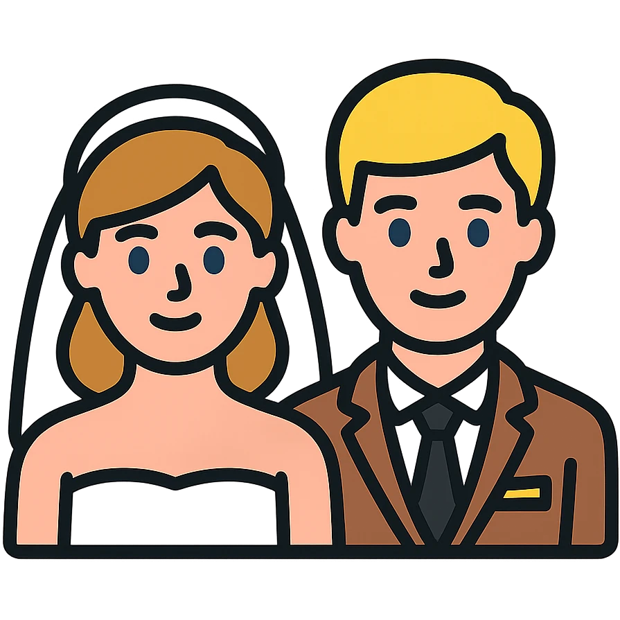 portrait of a bride with light brown hair and grey-blue eyes, and a groom with blonde hair, blue eyes, wearing a brown suit emoji