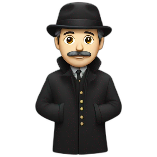 man in black coat, grey Irish cap, moustache and small beard emoji