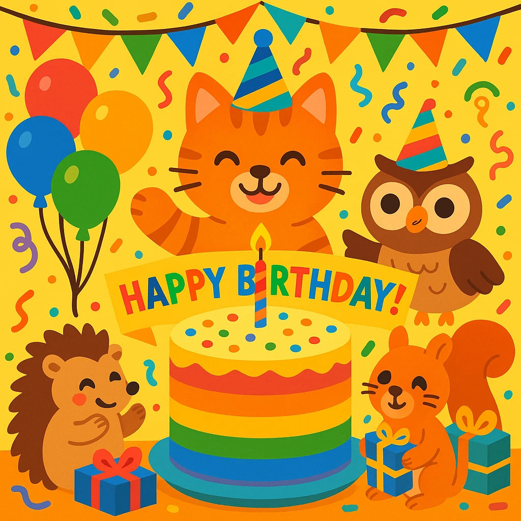 vibrant-toon style birthday party scene with a rainbow color theme including rainbow balloons, multicolored decorations, confetti, a large rainbow birthday cake, gifts, and a festive atmosphere. Main character is a ginger tabby kitten wearing a birthday hat, surrounded by a hedgehog, owl, and squirrel also celebrating. Prominent 'Happy Birthday!' message included in the scene. emoji