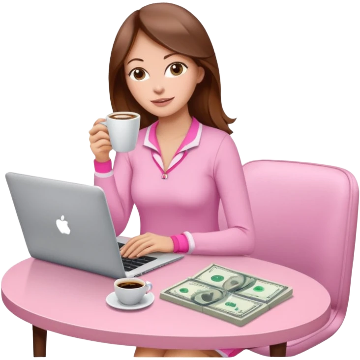  woman character with laptop and coffee relax table, dollars are floating, colorful pastel pink outfit, white laptop, brownn hair, fair skin,  emoji