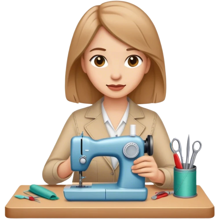 Mujer con cabello a la altura de hombros, cabello color chocolate claro, con herramientas de costura emoji