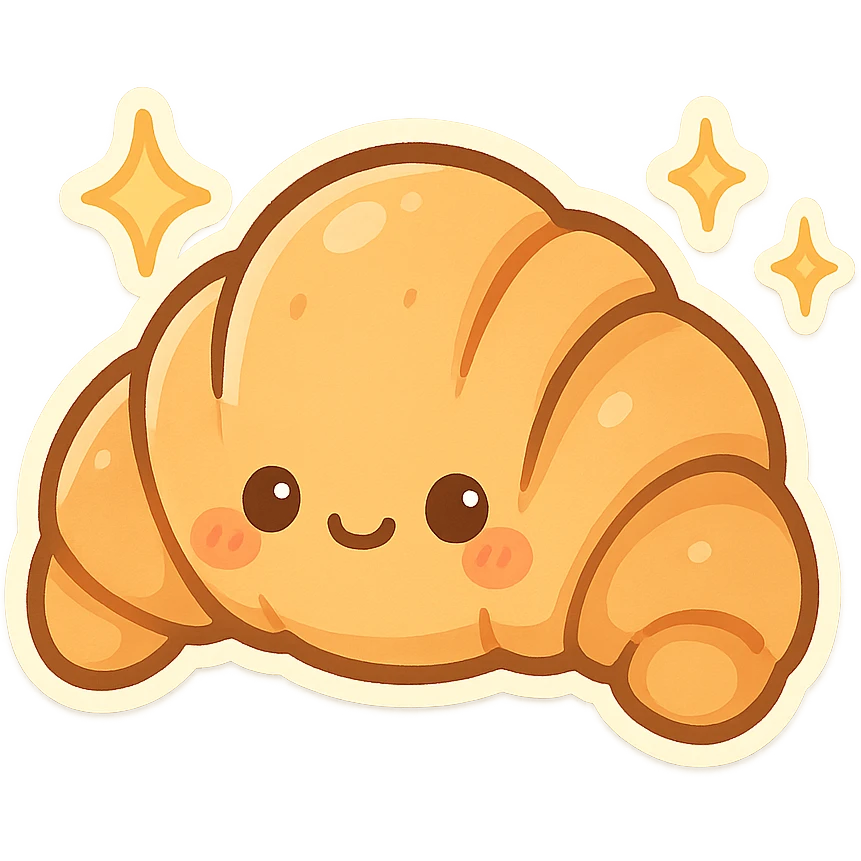 chibi sticker-style croissant with sparkles, cute and exaggerated emoji