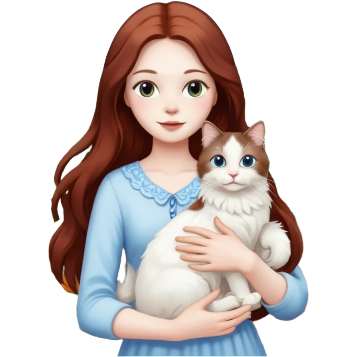 A woman with long dark auburn hair holding a white ragdoll cat in a garden full of flowers emoji