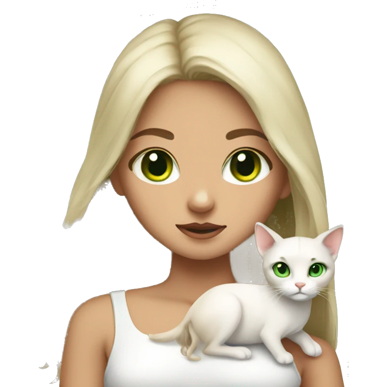 Fawn hair girl with green eyes and her white cAt with green eye emoji