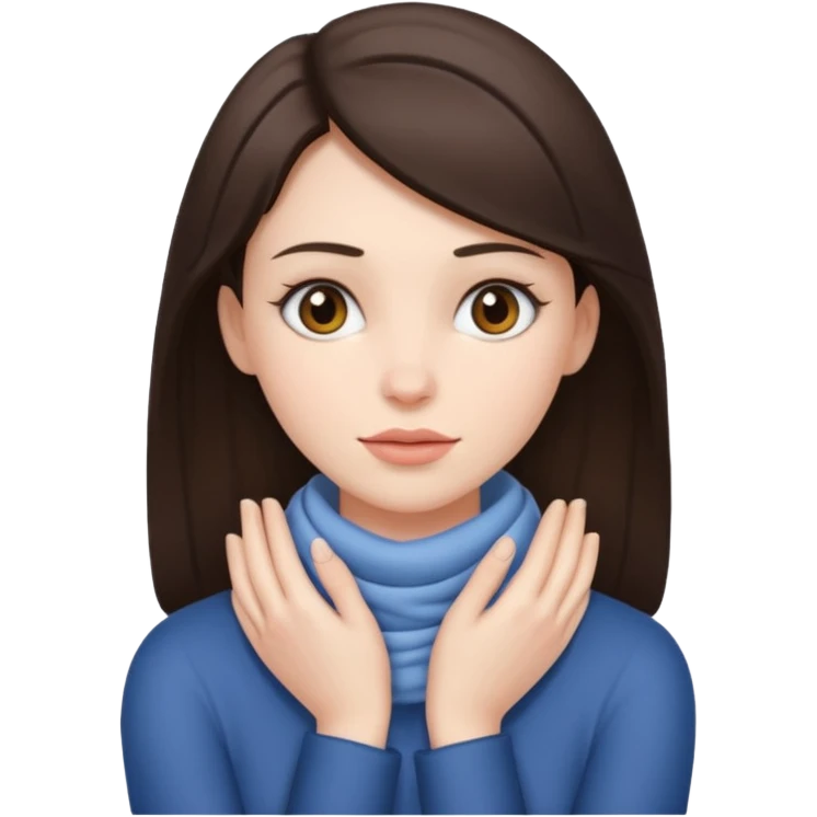 a brunette woman with two hands wrapped opposite around her neck emoji