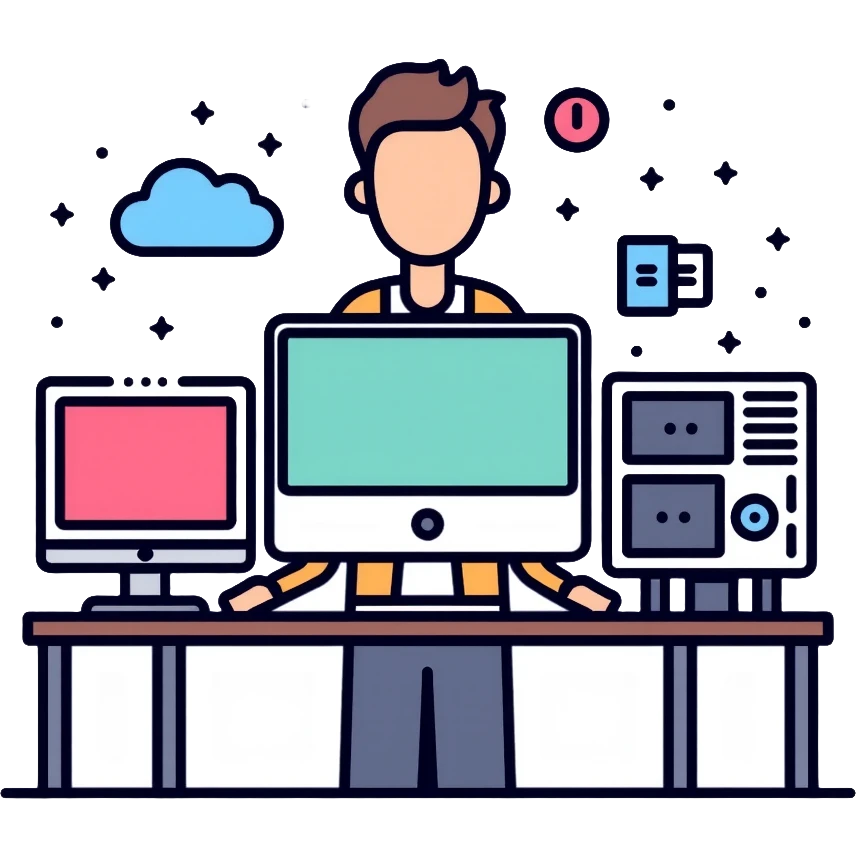 Senior IT Specialist with advanced workstation, multiple monitors, server, cloud icons, leadership symbols emoji
