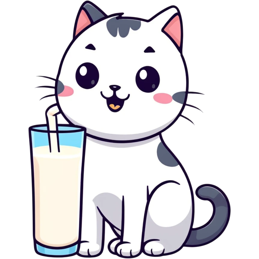 cute cartoon sticker of a cat happily drinking milk emoji