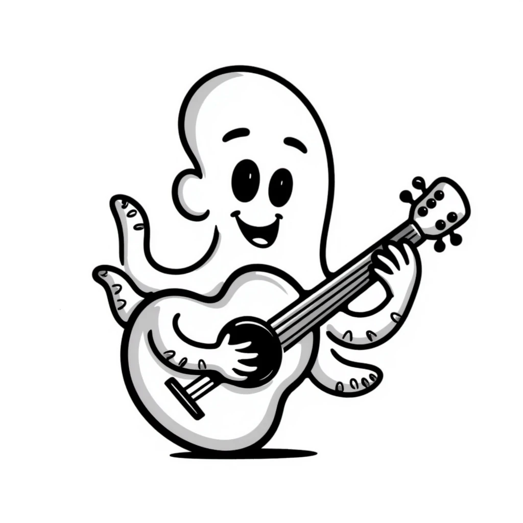 happy octopus with multiple arms playing guitar emoji