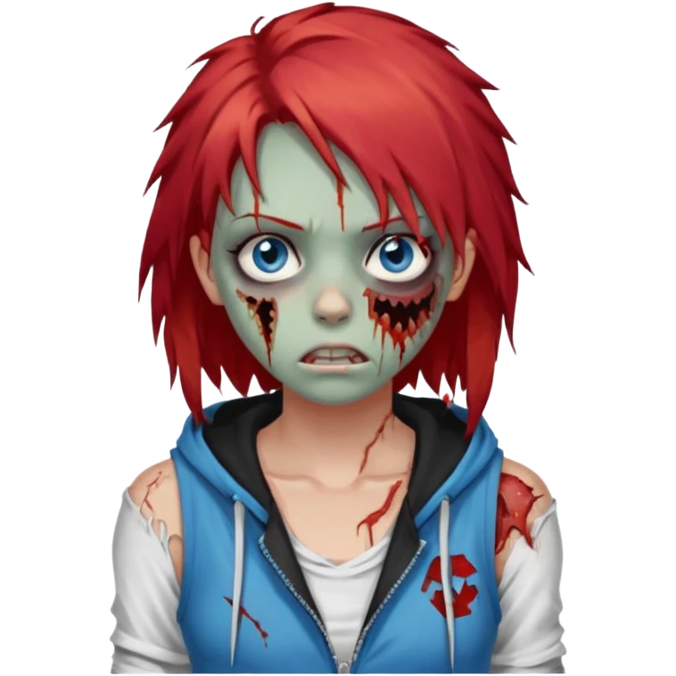 сделай рыжую девушку зомби с избитым лицом, не в полный рост, пусть ее рыжие волосы будут ниже груди с осветленными прядями, глаза у нее будут голубые, а одета она будет в дранную белую майку и черную зип худи emoji