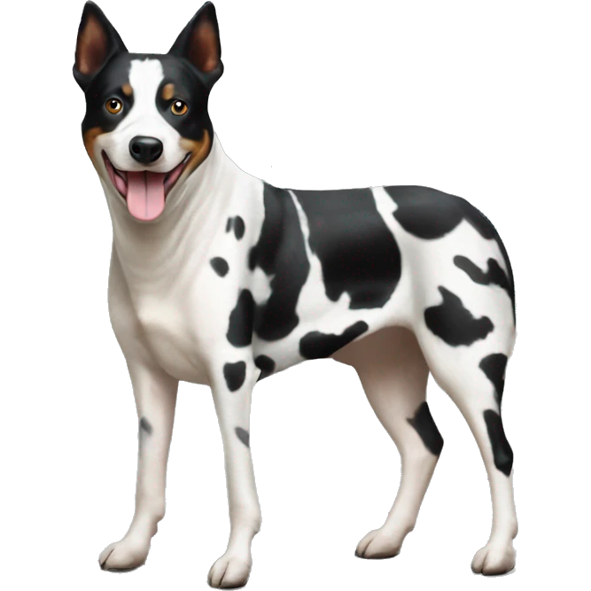 Black and white spotted Australian cattle dog with cows emoji
