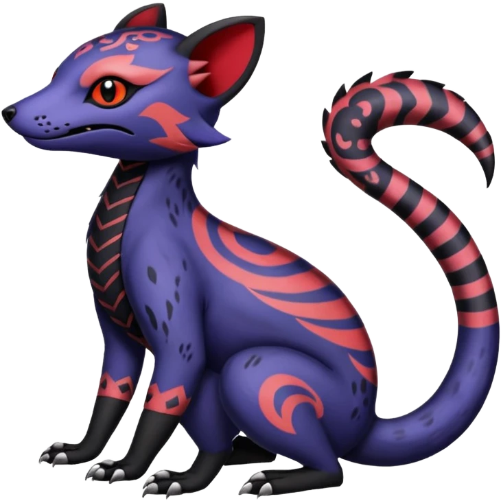 Rare warm-colored exotic gloomy tropical edgy cute epic aesthetic spooky indigo violet white black red gothic colorful Salandit-Noibat-Civet-species-Fakemon-hybrid-creature, with tribal tattoo markings, full body emoji