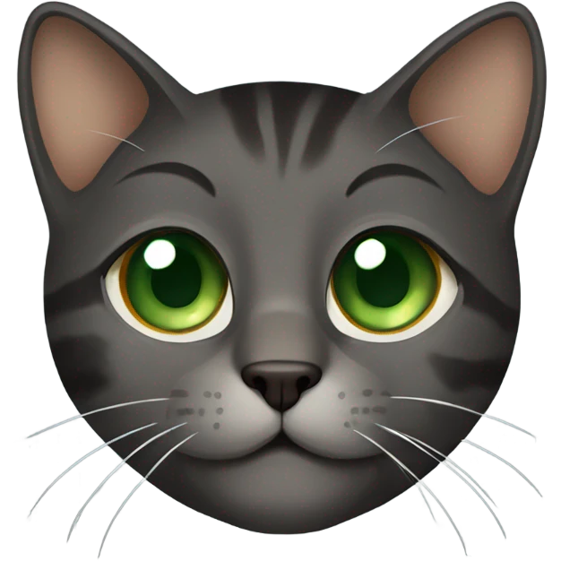Gray, black and brown cat with green eyes and brown spot on nose emoji