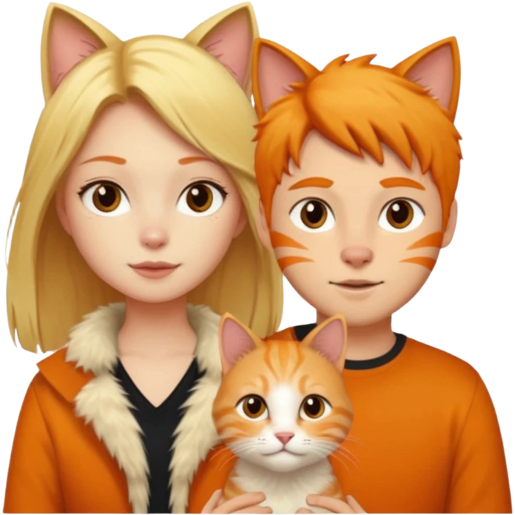 A blonde girl, a ginger cat, and a guy with black hair. emoji