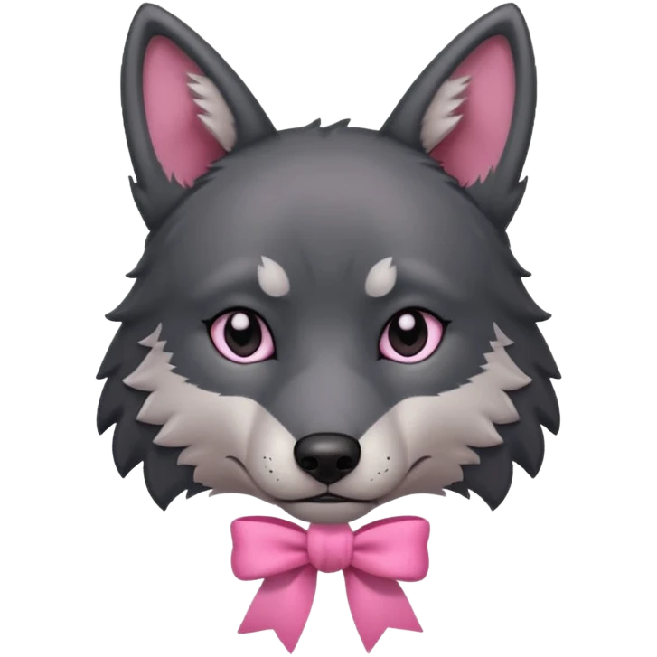 Pleading sad Face cute dark grey  black wolf with a pink ribbon on his ear head emoji
