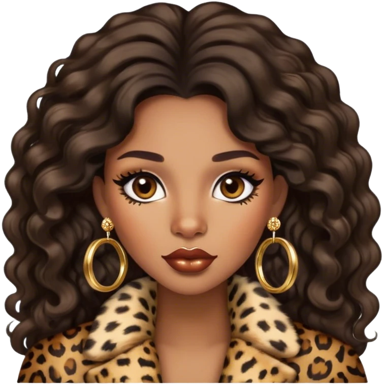 light brown skin tone, very beautiful woman, with big plump lips, long long lashes, black wavy long hair, brown eyes, leopard fur coat, gold hoop earrings emoji