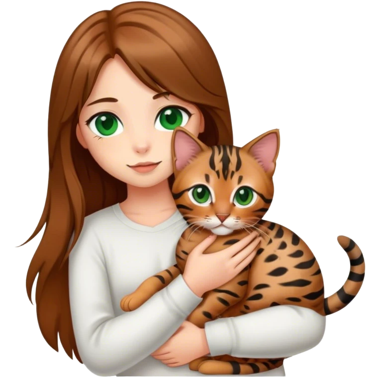 a girl with green eyes and long straight brown hair holds a bengal kitten in her arms emoji