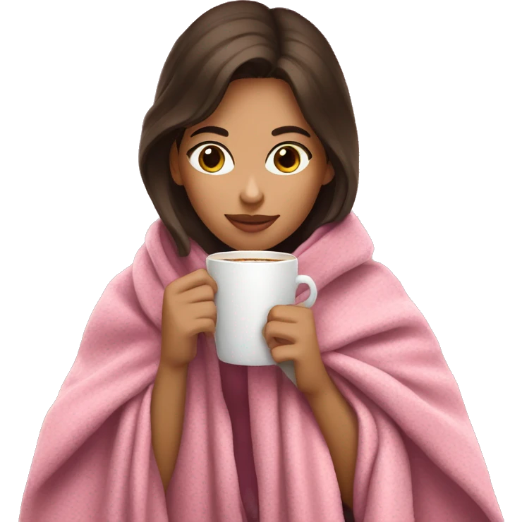 brunette girl in a pink blanket sipping coffee emoji