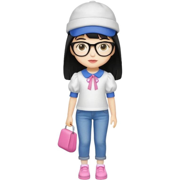 A yellow-skinned girl with medium-long straight black hair, flat bangs, black frame glasses, a white puffy sleeve doll shirt, blue jeans and pink shoes, and a black painter's hat. emoji