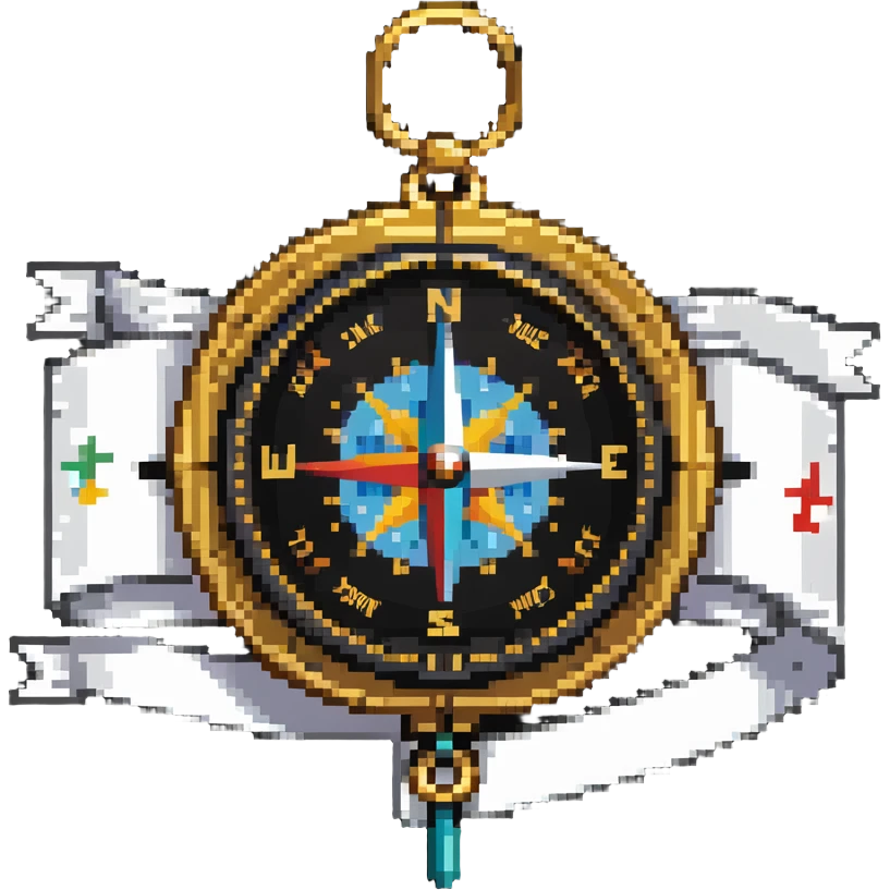 iOS compass device with gold frame and directional markers hanging from a white ribbon emoji