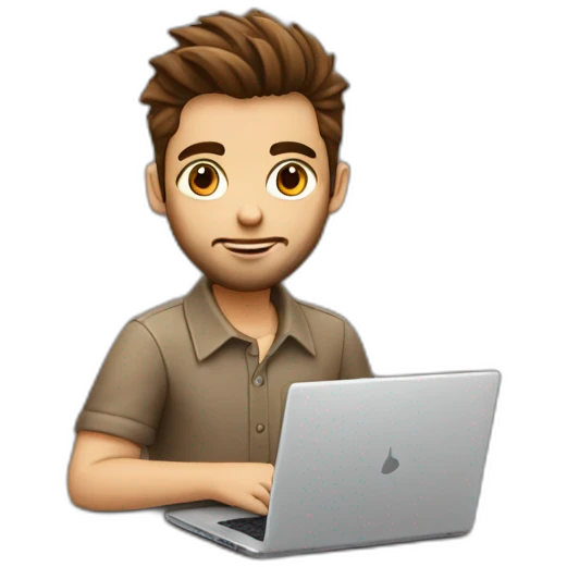 Wearing a shirt No glasses Cute programmer on his laptop looking front with a brown quiff as a hair and brown eyed with a bit of a beard emoji