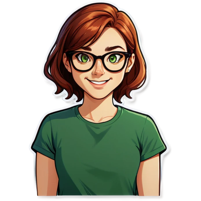A green eyed Auburn haired none with glasses, smiling. And the caption saying no  emoji