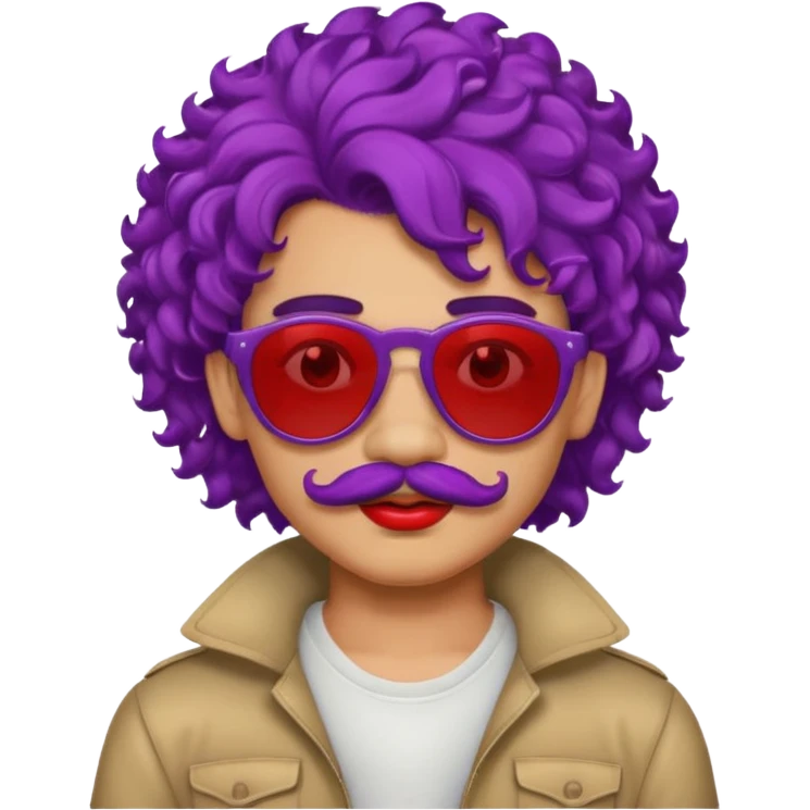 purple haired, curly big haired mexican boy with red sunglassess, vrey cool and lipstick and mstache emoji