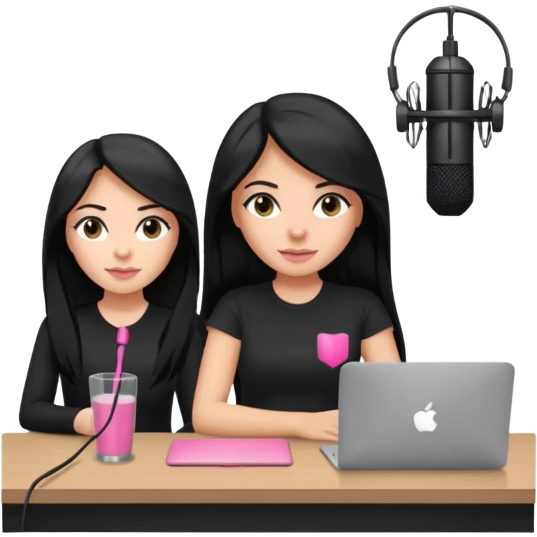 tanned long black hair woman, sat at desk with pink MacBook, podcast microphone black top and pink, sexy, glass table emoji