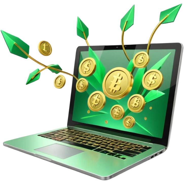 3D laptop icon with gold coins flying out of screen, green color (#0B3D2C), gold accents (#C9B037), upward arrows, glossy modern style, transparent background emoji