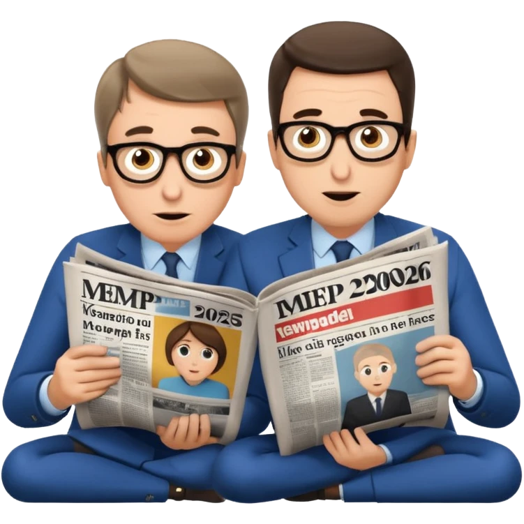 Gérard Larchet et yael braun pivet qui sont assis à genoux et qui lisent un seul et même grand journal et qui semblent émerveillés sur le journal on peut voir marque MEP 2026 au,milieu d’un article  emoji