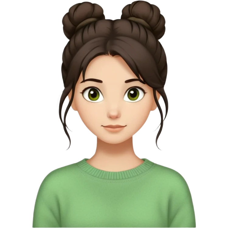 a girl with long dark brown hair with high disheveled bun in light green sweater, a slight smile, brown eyes emoji