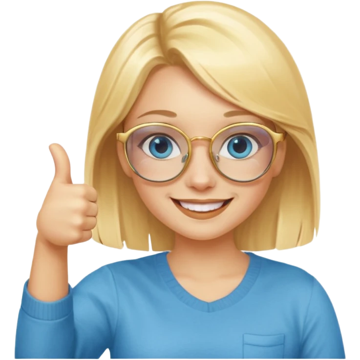 une fille blonde au yeux bleus avec des lunette dorée assez grande joyeuse avec un pouce lever emoji
